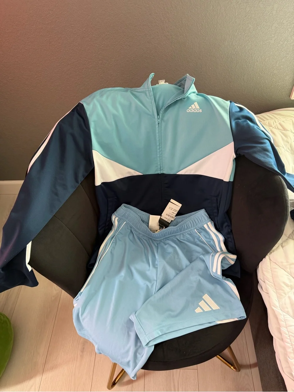 adidas Kids Light Blue, Navy & White Track Jacket and Shorts Set